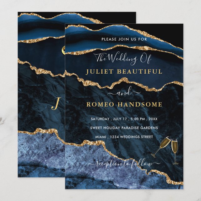 Agate Blue Guld Ringar Luxury Wedding bjudande in (Fram/baksida)