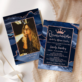 Agate Blue Ro Guld Quinceañera Photo Spain Inbjudningar