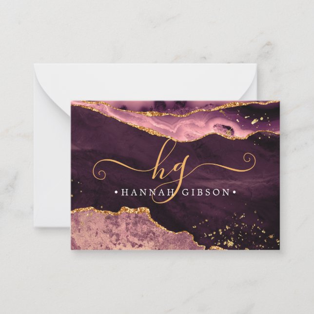 Agate Burgundy Monogram Finare skript Guld Glitter Anteckningskort (Framsida)