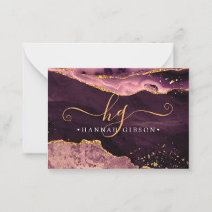 Agate Burgundy Monogram Finare skript Guld Glitter Anteckningskort