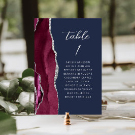 Agate Burgundy Silver Modern Skrift Navy Bröllop Bordsnummer