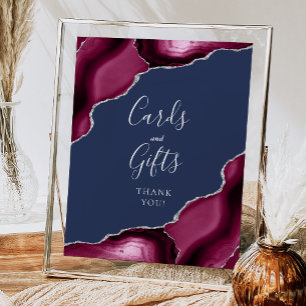 Agate Burgundy Silver Navy Bröllopskort och presen Poster