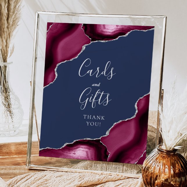 Agate Burgundy Silver Navy Bröllopskort och presen Poster (Skapare uppladdad)