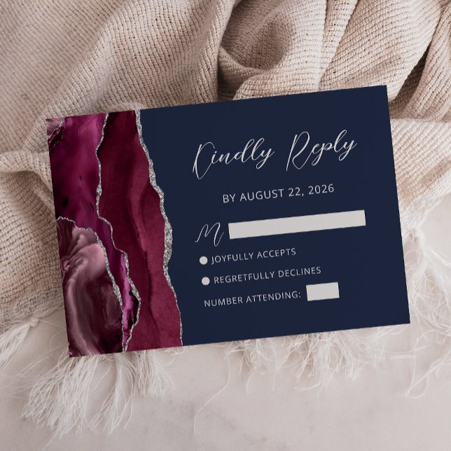 Agate Burgundy Silver Navyblå Bröllops-RSVP-kort OSA Kort (Skapare uppladdad)