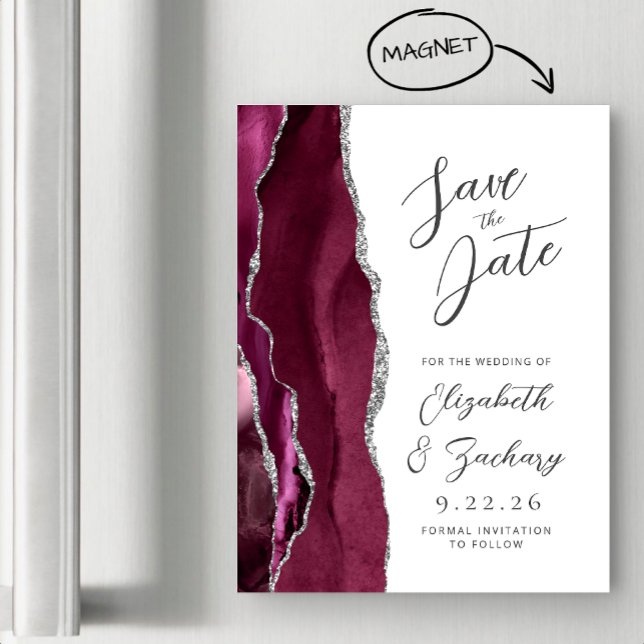 Agate Burgundy Silver Script Spara datum Magnetisk Inbjudningskort (Skapare uppladdad)