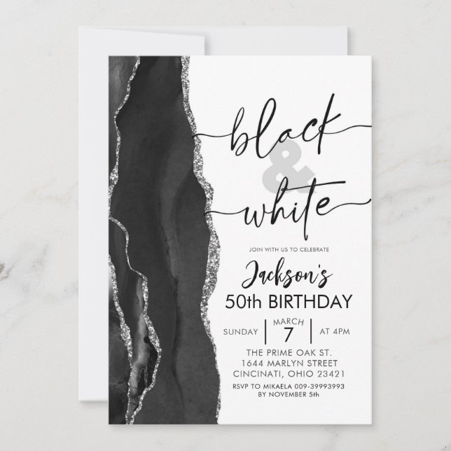 Agate Elegant Black White-Födelsedagsfest Inbjudningar (Framsida)