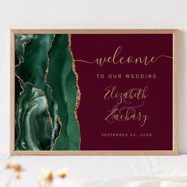 Agate Emerald Green Gold Burgundy Wedding Welcome Poster (Skapare uppladdad)