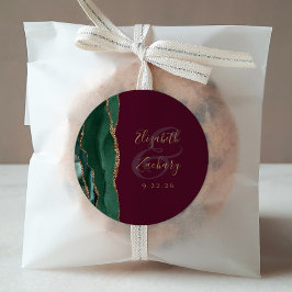 Agate Emerald Grönt Guld Script Burgundy Bröllop Runt Klistermärke