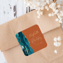Agate Geod Skrift Teal Guld Bränt Orange Bröllop Fyrkantigt Klistermärke