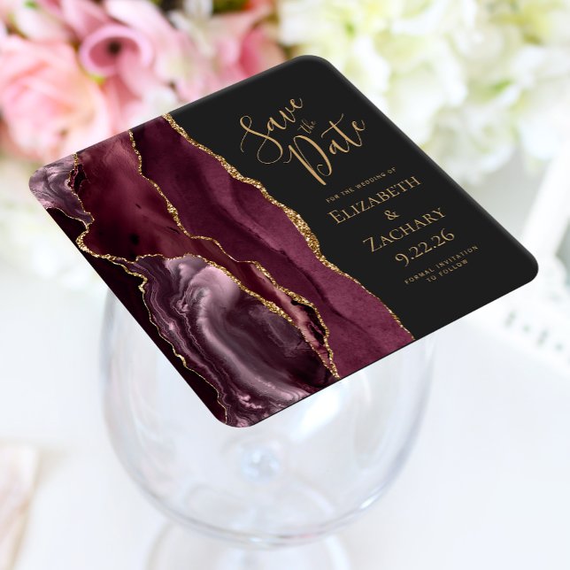 Agate Geode Burgundy Guld Mörk Spara datum Underlägg Papper Kvadrat (Skapare uppladdad)