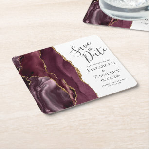 Agate Geode Burgundy Guld Save the Date Underlägg Papper Kvadrat