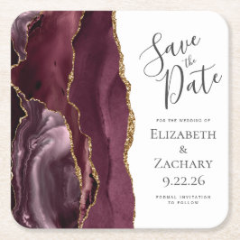 Agate Geode Burgundy Guld Save the Date Underlägg Papper Kvadrat