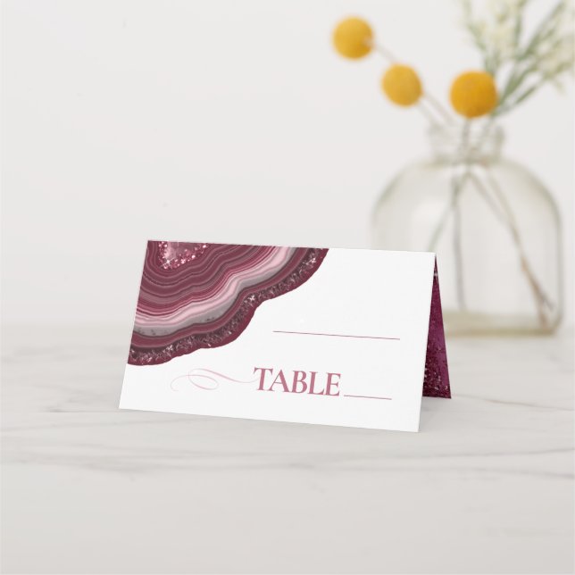 Agate Geode Glitter Bröllop Bord Burgundy ID647 Placeringskort (Framsida)