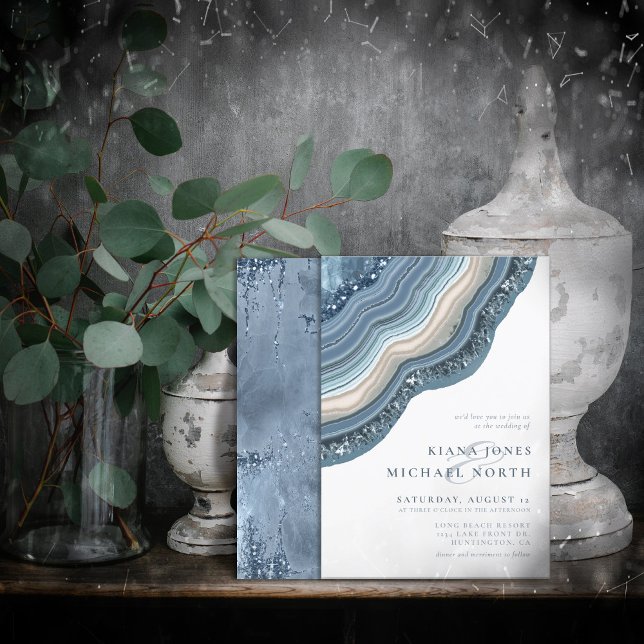 Agate Geode Glitter Bröllop Dusty Blue ID647 Inbjudningar (Skapare uppladdad)