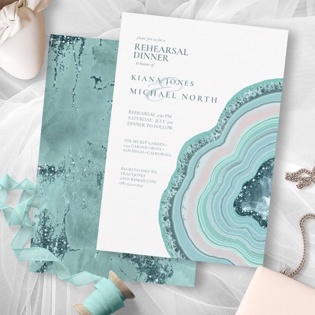 Agate Geode Glitter Rehearsal Dinner Teal ID647 Inbjudningar (Front/Back In Situ)
