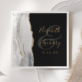 Agate Geode Grått White Guld Script Mörk Bröllop Pappersservett