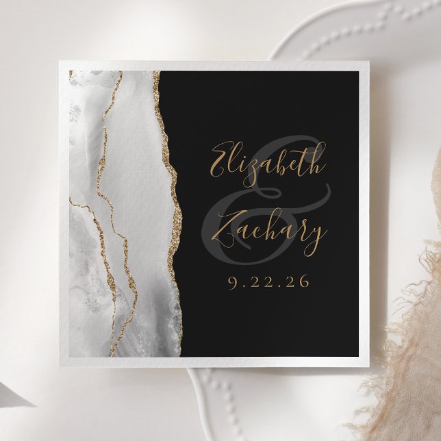 Agate Geode Grått White Guld Script Mörk Bröllop Pappersservett (Skapare uppladdad)