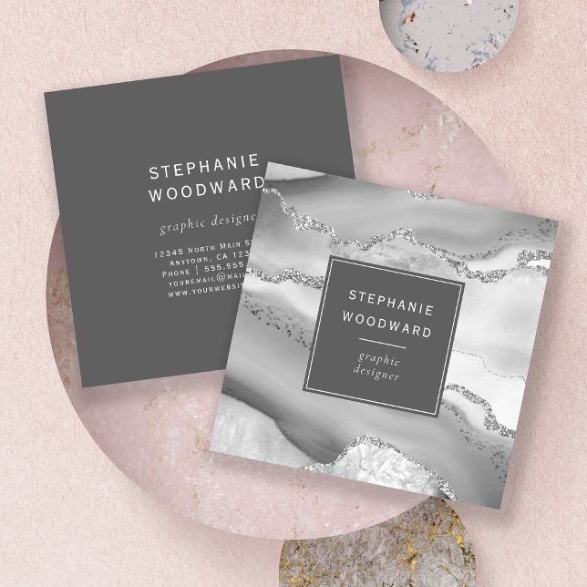 Agate Geode Grått White Silver Faux Glitter Fyrkantigt Visitkort (Skapare uppladdad)