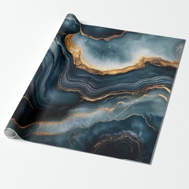 Agate Geode Guld och Navy Blue Marble Presentpapper (Utrullad)