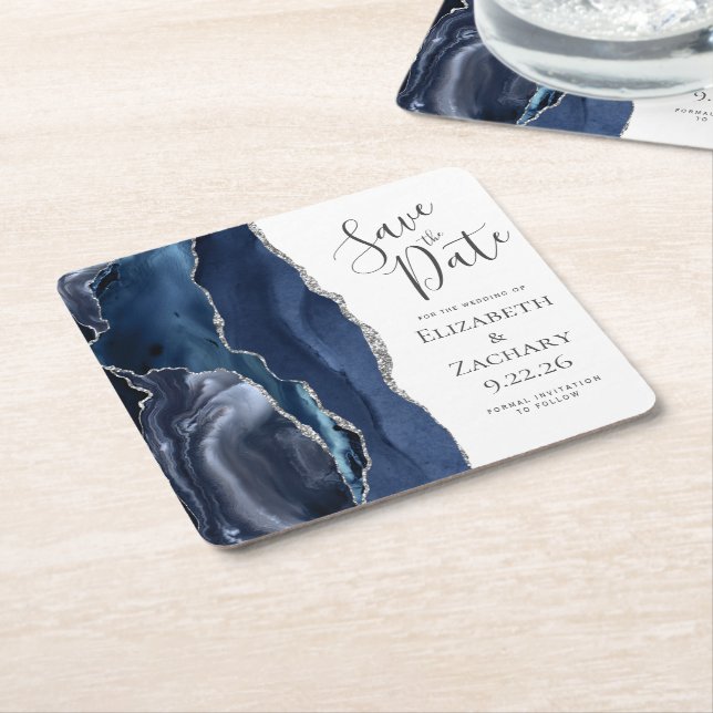 Agate Geode Navyblå Silver Spara Datum Underlägg Papper Kvadrat (Vinklad)