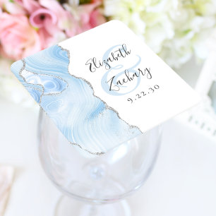 Agate Geode Script Baby Blue Silver Bröllop Underlägg Papper Kvadrat