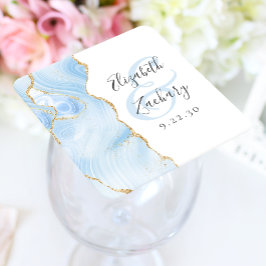 Agate Geode Script Babyblå Guld Bröllop Underlägg Papper Kvadrat