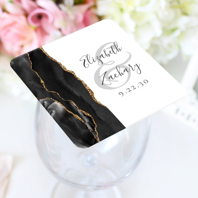 Agate Geode Script Black Guld Bröllop Underlägg Papper Kvadrat (Skapare uppladdad)