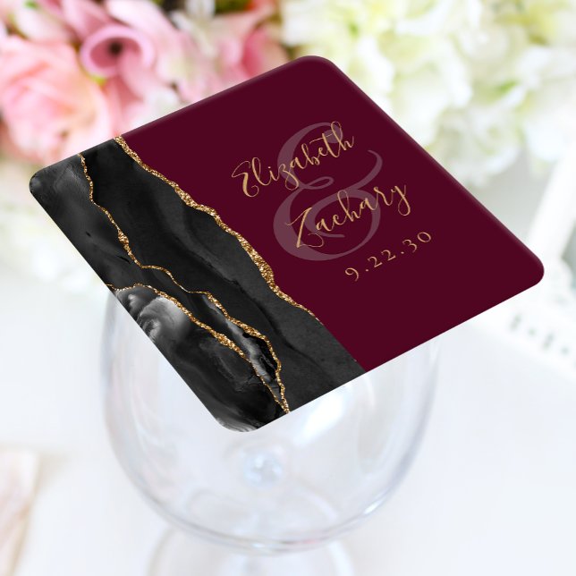 Agate Geode Script Black Guld Burgundy Bröllop Underlägg Papper Kvadrat (Skapare uppladdad)