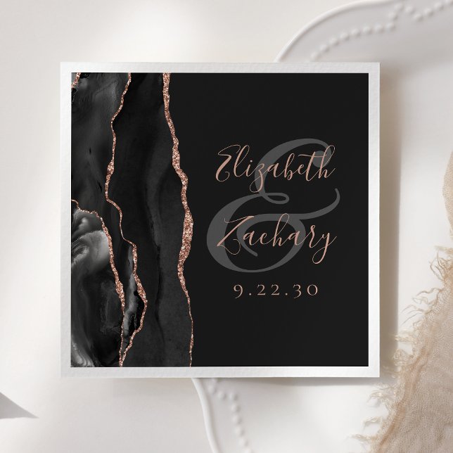Agate Geode Script Black Ro Guld Mörk Bröllop Pappersservett (Skapare uppladdad)