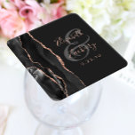 Agate Geode Script Black Ro Guld Mörk Bröllop Underlägg Papper Kvadrat<br><div class="desc">I den här eleganten underlägg det moderna bröllop en svart vattenfärgad geodekonstruktion som trimmas med faux ro guld glitter. Anpassa enkelt ro färgad-texten på en svartvit bakgrund,  med namnen på bruden och trippen i handskriftsrografi över ett stort,  kol-grått-ampersand.</div>