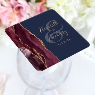 Agate Geode Script Burgunder Guld Marinblå Bröllop Underlägg Papper Kvadrat