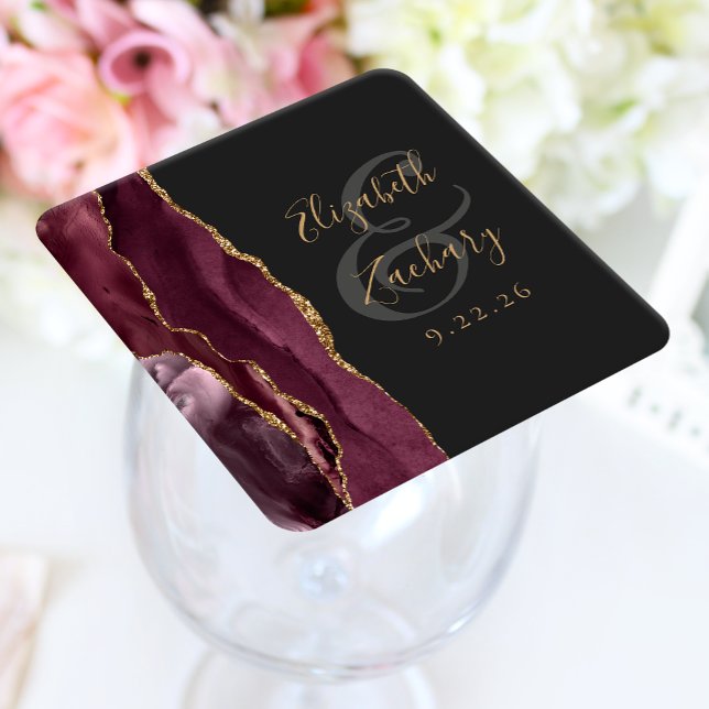 Agate Geode Script Burgunder Guld Mörkt Bröllop Underlägg Papper Kvadrat (Skapare uppladdad)