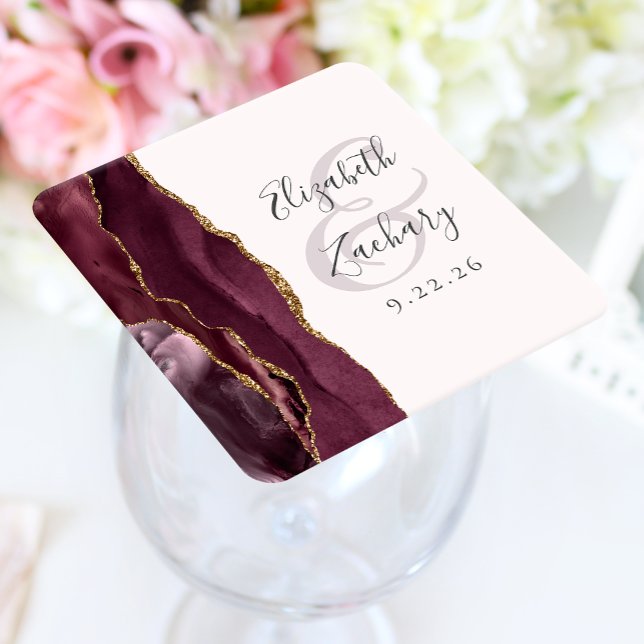 Agate Geode Script Burgunder Guld Rosa Bröllop Underlägg Papper Kvadrat (Skapare uppladdad)