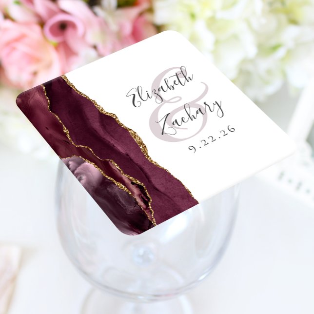Agate Geode Script Burgundy Guld Bröllop Underlägg Papper Kvadrat (Skapare uppladdad)