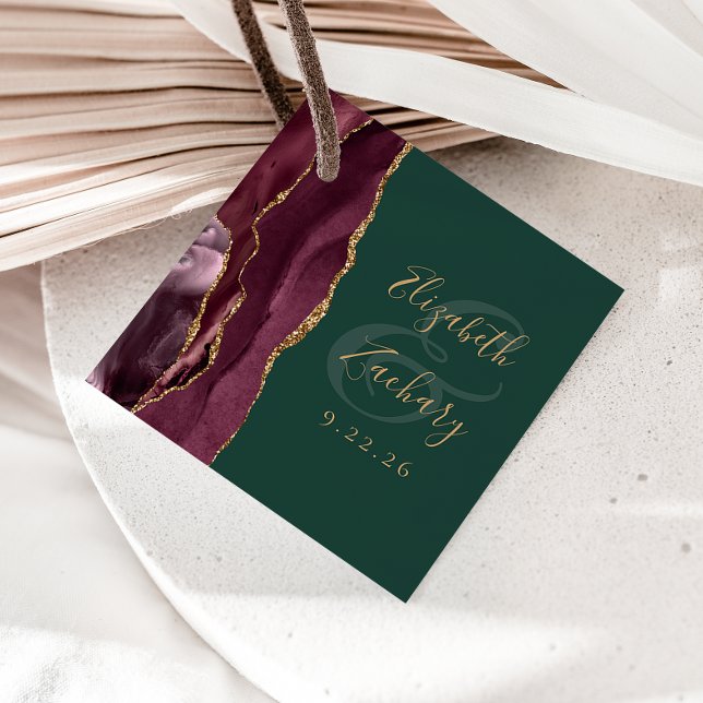 Agate Geode Script Burgundy Guld Grönt Bröllop Gåvor Etiketter (Skapare uppladdad)