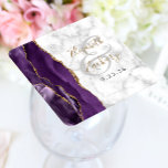 Agate Geode Script Lila Guld Marble Bröllop Underlägg Papper Kvadrat<br><div class="desc">Den här eleganten underlägg bröllop har en lila vattenfärgad geodekonstruktion som trimmas med faux guld glitter på en bakgrund av vit och grått marmor. Anpassa enkelt namnen på bruden och trippen i guld-färgadens handskriftsgrafi över ett stort,  lätt grått-upptag.</div>