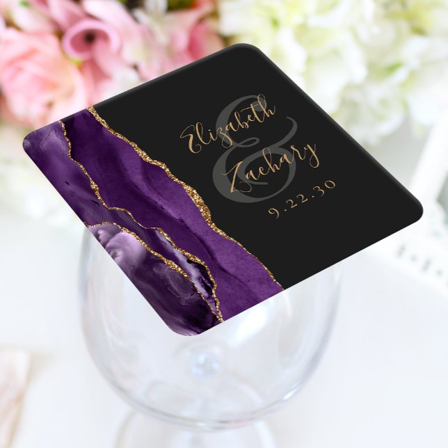 Agate Geode Script Lila Guld Mörk Bröllop Underlägg Papper Kvadrat (Skapare uppladdad)