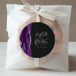 Agate Geode Script Lila Silver Mörk Bröllop Runt Klistermärke