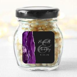 Agate Geode Script Lila Silver Mörkt Bröllop Fyrkantigt Klistermärke