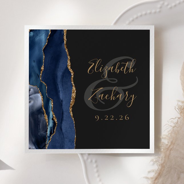 Agate Geode Script Marinblå Guld Mörkt Bröllop Pappersservett (Skapare uppladdad)