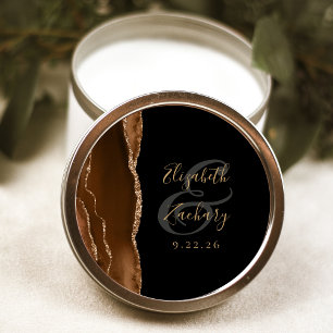 Agate Geode Script Mocha Brun Guld Svart Bröllop Runt Klistermärke