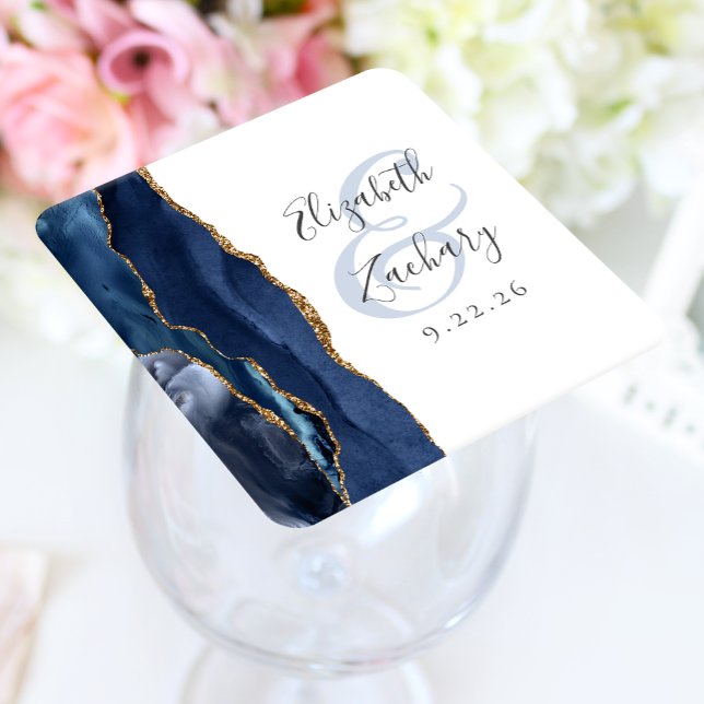 Agate Geode Script Navy Blue Guld Bröllop Underlägg Papper Kvadrat (Skapare uppladdad)