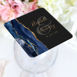 Agate Geode Script Navy Blue Guld Mörk Bröllop Underlägg Papper Kvadrat