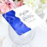 Agate Geode Script-Royalet Blue Guld Bröllop Underlägg Papper Kvadrat<br><div class="desc">I den här eleganten underlägg bröllop ett royal blått vattenfärgsagat geodedesign som trimmas med faux guld glitter. Anpassa enkelt grått-texten för kol mot vit bakgrund,  med namnen av bruden och färgsteckningen för pratgrafi över en stor,  blek blå yta.</div>