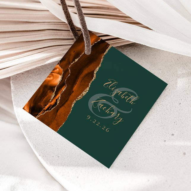 Agate Geode Script Rust Guld Mörk grönt Bröllop Gåvor Etiketter (Skapare uppladdad)