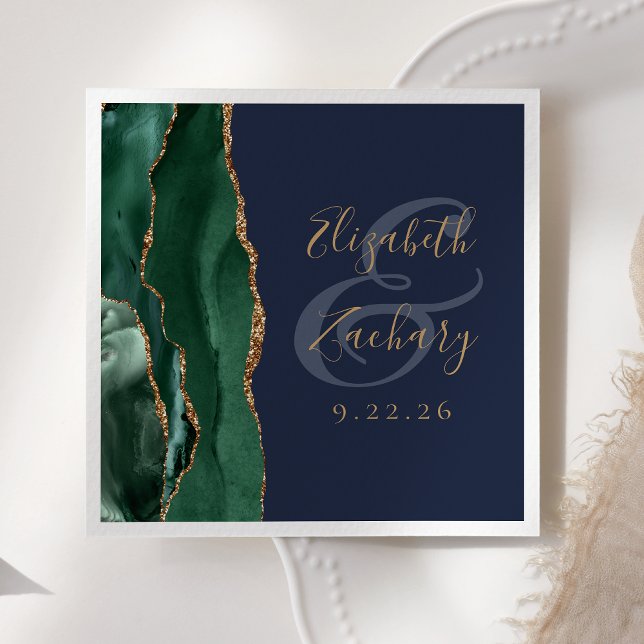 Agate Geode Script Smaragdgrön Guld Marin Bröllop Pappersservett (Skapare uppladdad)