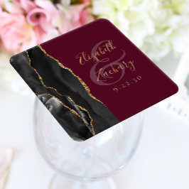 Agate Geode Script Svart Guld Burgunder Bröllop Underlägg Papper Kvadrat