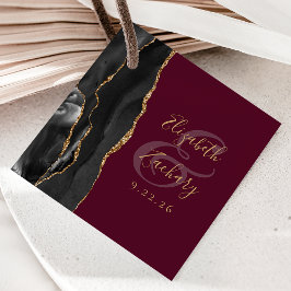 Agate Geode Script Svart Guld Burgundy Bröllop Gåvor Etiketter