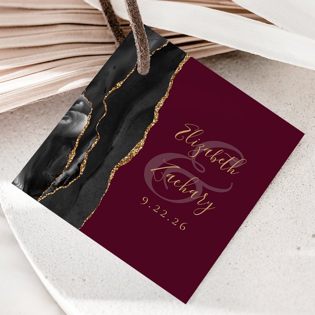 Agate Geode Script Svart Guld Burgundy Bröllop Gåvor Etiketter (Skapare uppladdad)
