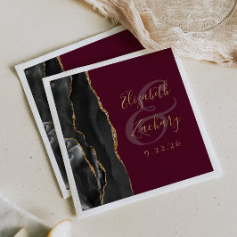 Agate Geode Script Svart Guld Burgundy Bröllop Pappersservett